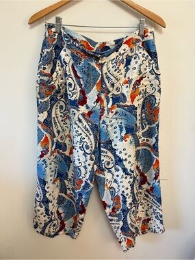 Chico's Women's 100% Linen Paisley Print Cropped Pants Capri Size 1.5,US 10(M-L)